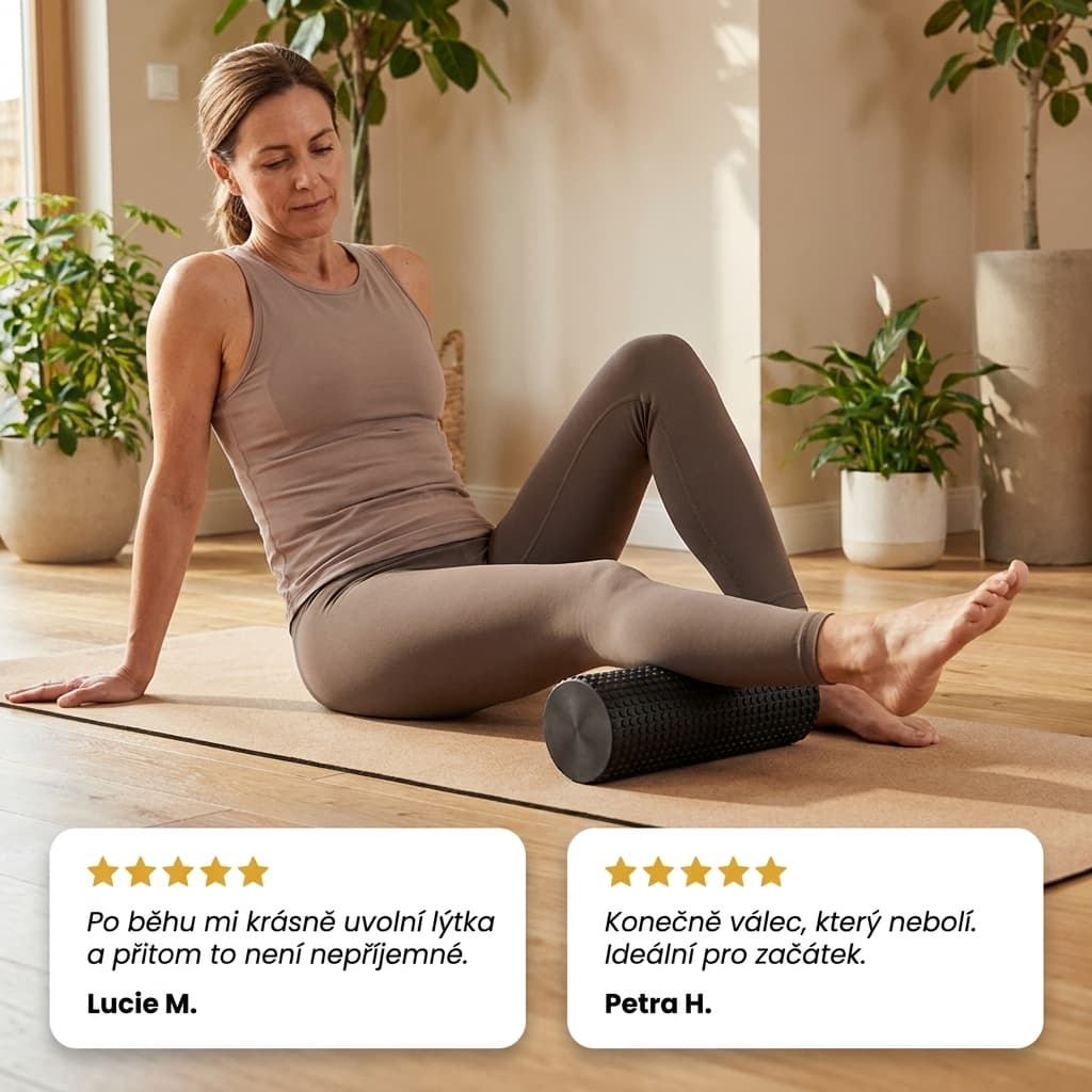 Žena používá jemný masážní válec na lýtko, recenze zákazníků